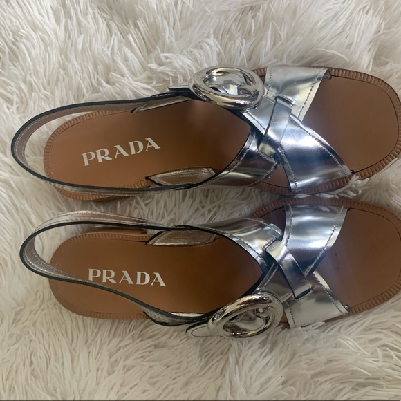 Prada Silver Leather Slingback Block-Heel Sandals - Picture 4 of 10
